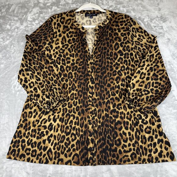 Jones New York Signature Button Up Blouse Women's Large Leopard Black Tan (0774) - Picture 1 of 8